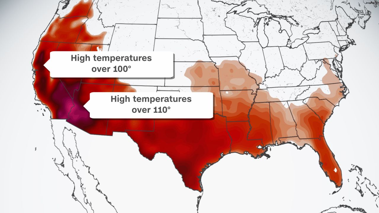 همه مناطقی که در سایه قرمز قرار دارند روز شنبه دمای بیش از 90 درجه را خواهند داشت.
